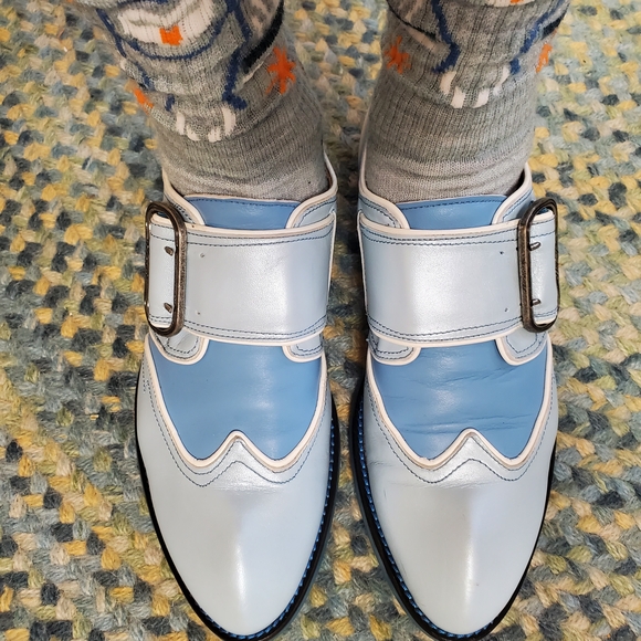 John Fluevog Light Blue and White Buckle Oxfords - Picture 2 of 6